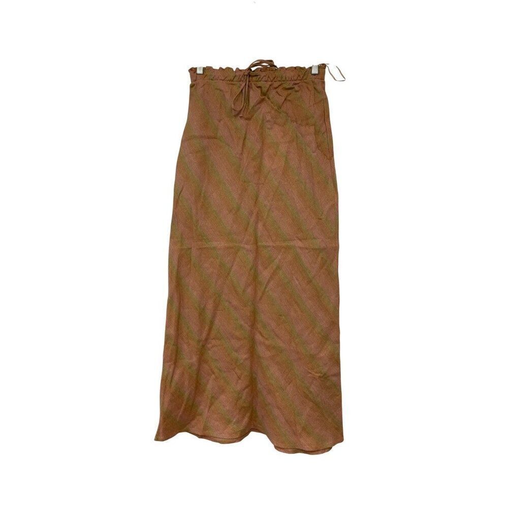Zara Womens Midi Linen Skirt A-Line XS Pink Tan Plaid Drawstring 4043/077 NWT